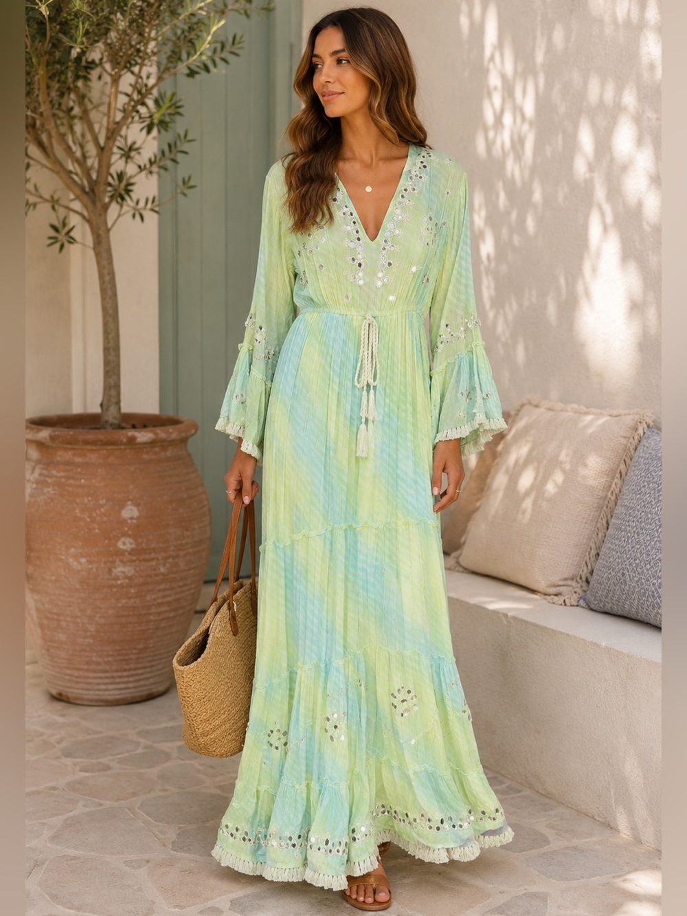 ShopEvelynne Pink and Cream Boho Maxi Dress with Tassel Tie